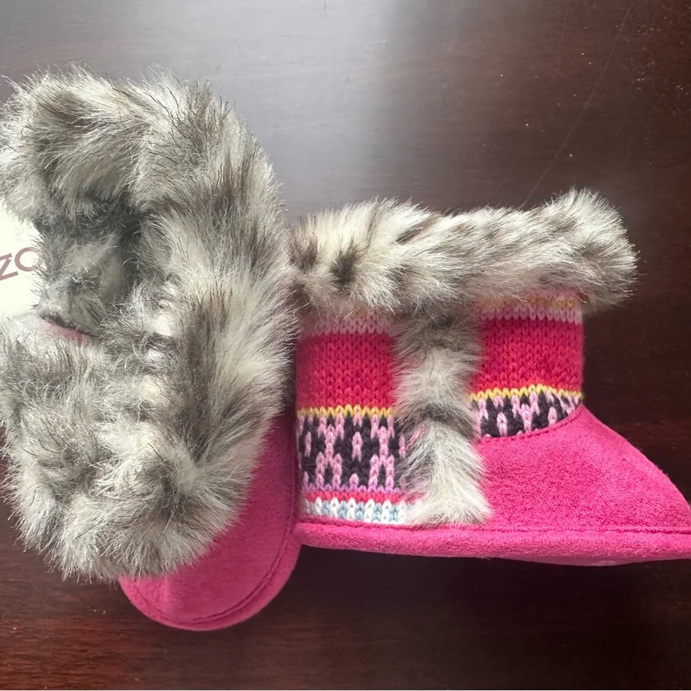 Kenzo Pink knit-striped and faux fur baby booties NWT